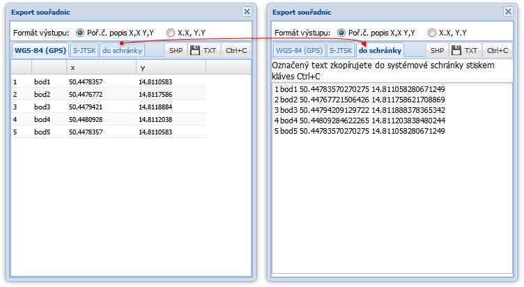 Na záložce do schránky lze výpis souřadnic (dle aktivní záložky) označit a pomocí kláves CTRL + C