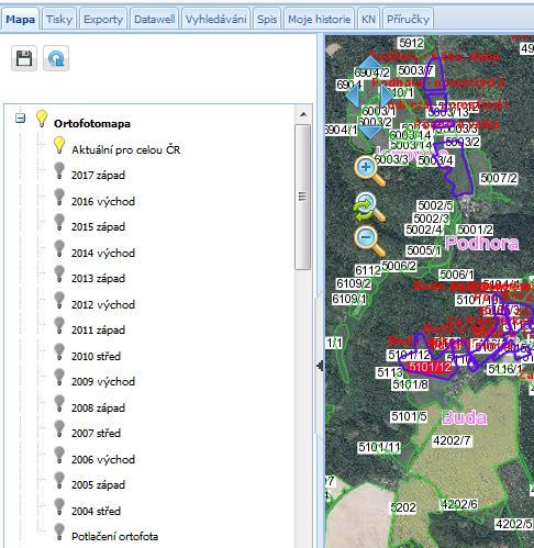 Ve vrstvě Aktuální pro celou ČR je souhrnný obsah vrstev 2017 západ a 2016 východ. Obrázek 28 Vrstva Ortofotomapa ve stromečku vrstev 6.