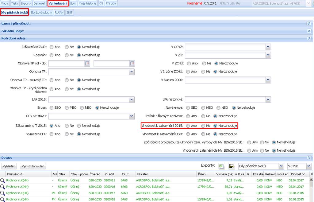 lze vyhledávat na záložce Vyhledávání > Díly půdních bloků pomocí kritéria Vhodnost k zatravnění 2015.