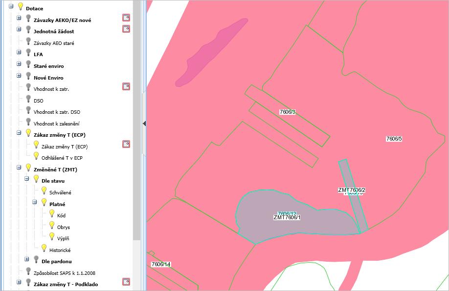 Zákaz změny T (ECP) a změněné T (ZMT) v mapě Plochy zákazu změny T (ECP) a polygony ZMT si lze zobrazit v mapě pomocí žárovek ve