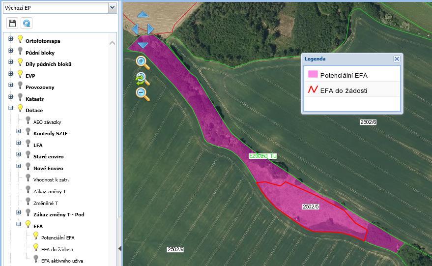 Kde v aplikaci najdete informace o potenciálních EFA Informace o potenciálních EFA naleznete v mapě, v popisných údajích u uživatele, DPB a EVP a v přehledu DPB vyhledaných v podrobném vyhledávání.