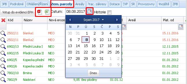 V záložce Zem. parcely lze vygenerovat záznamy ve formátu.pdf nebo.xls k zadanému datu.