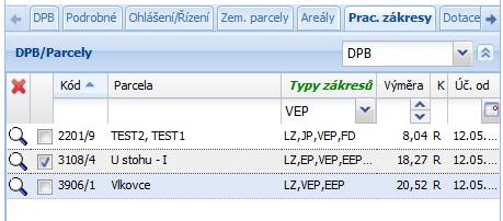 Pracovní zákres lze vyexportovat pomocí ikony checkbox u požadovaných zákresů. Pracovní zákresy.