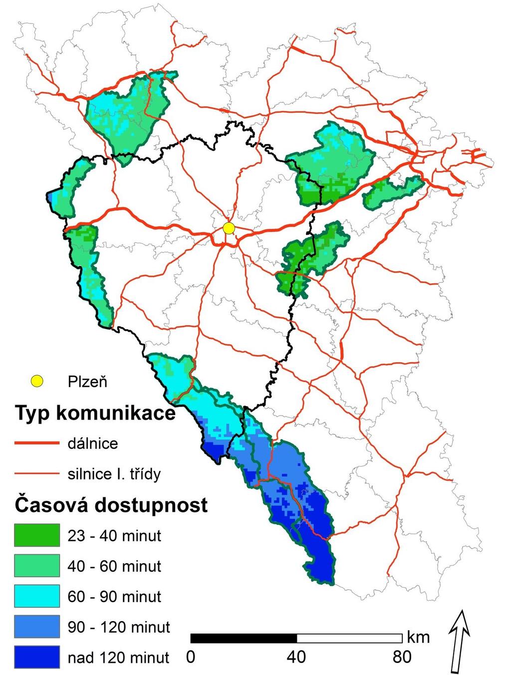 Obrázek 4: Dopravní dostupnost automobilovou dopravou z Plzně do vybraných chráněných krajinných oblastí a