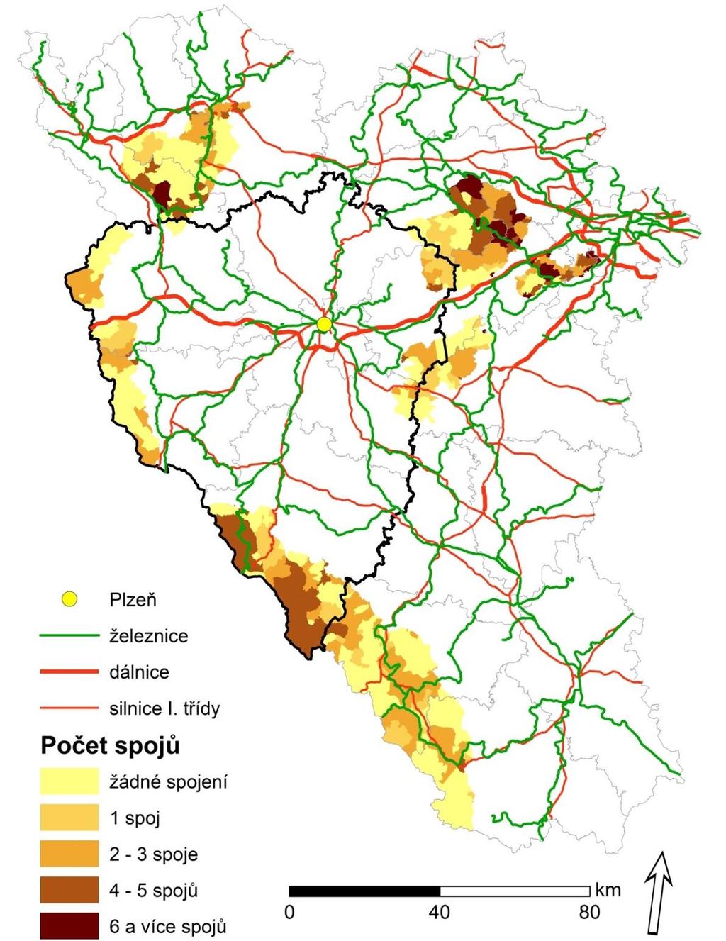 Vůbec nejvyšší počet spojení pak mají sídla, kterými prochází hlavní železniční trať Cheb Plzeň Praha, ale také sídla na železniční trati Beroun Rakovník.