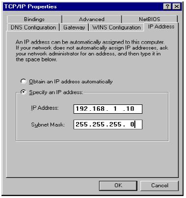 V záložce Configuration (Konfigurace) najděte a vyberte TCP/IP s příslušnou síťovou kartou, potom klikněte na tlačítko Properties (Vlastnosti) a zobrazí se okno TCP/IP Properties (Vlastnosti TCP/IP).