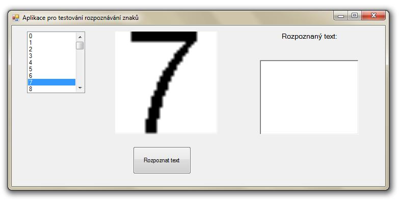 Obr. 22: Uživatelské prostředí aplikace pro testování dalších sad znaků. Po prvním spuštění programu je výstup v richtextboxu zobrazen na obr. 23.
