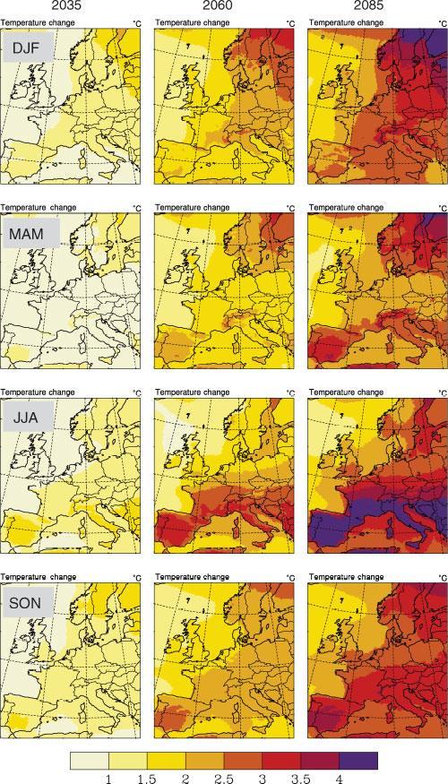 Budoucí změny klimatu přízemní teplota, Evropa 2021-2050 2046-2075 2071-2100 rozdíl