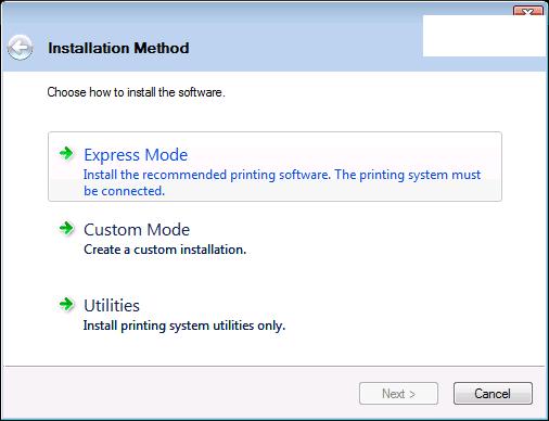 Express Mode: Pokud je tiskárna připojena k portu USB nebo k síti a je zapnutá, instalátor tiskárnu detekuje. Chcete-li provést standardní instalaci, zvolte možnost Express Mode.