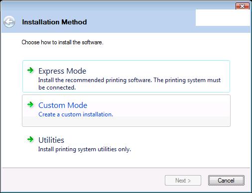 Režim Custom Mode Při výběru způsobu instalace Custom Mode lze podle potřeby měnit port tiskárny a obslužné programy. 1 Na obrazovce Installation Method klepněte na možnost Custom Mode.