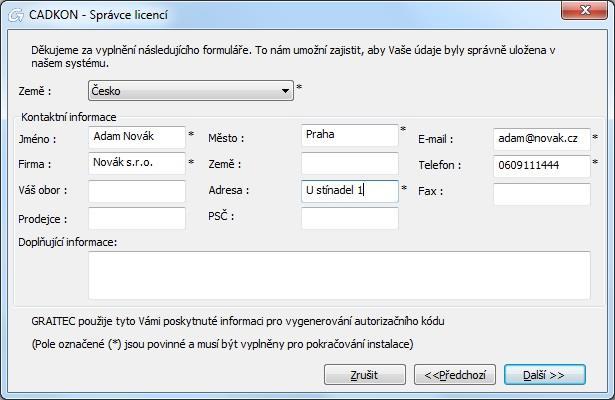 3. V tomto dalším okně vyplňte všechny nezbytné informace potřebné pro vytvoření licence a stiskněte Další.