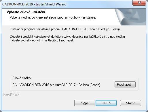 V dialogovém panelu Vyberte cílové umístění, je možno změnit umístění CADKONu-RCD 2019 na disku počítače.