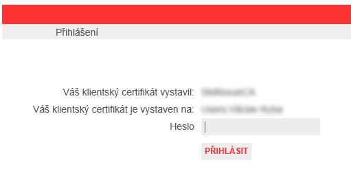 2.4 Přihlášení certifikátem Po výběru certifikátu se zobrazí přihlašovací stránka, kde doplníte Heslo a klikněte na tlačítko PŘIHLÁSIT Obrázek 2 - Stránka pro přihlášení