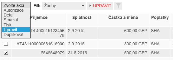 3.12.7 Úprava platebního příkazu do zahraničí Aplikace umožňuje provést úpravu vybraného platebního příkazu do zahraničí.