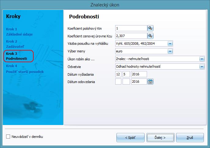 V ďalšom kroku Podrobnosti je väčšina údajov predvyplnená na základe nastavení programu.