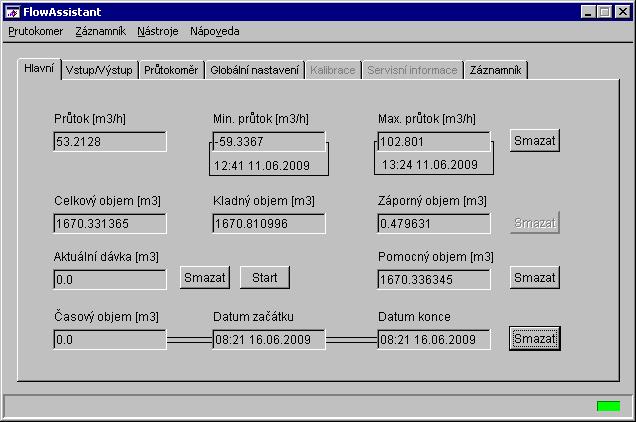 1.6. Okno programu (pracovní oblast) Základní okno programu sestává ze sedmi oken vedlejších. Vedlejší okno se vyvolá stiskem levého tlačítka myši nad názvem okna. 1.6.1. Okno Hlavní Okno Hlavní zobrazuje základní veličiny měřené průtokoměrem.