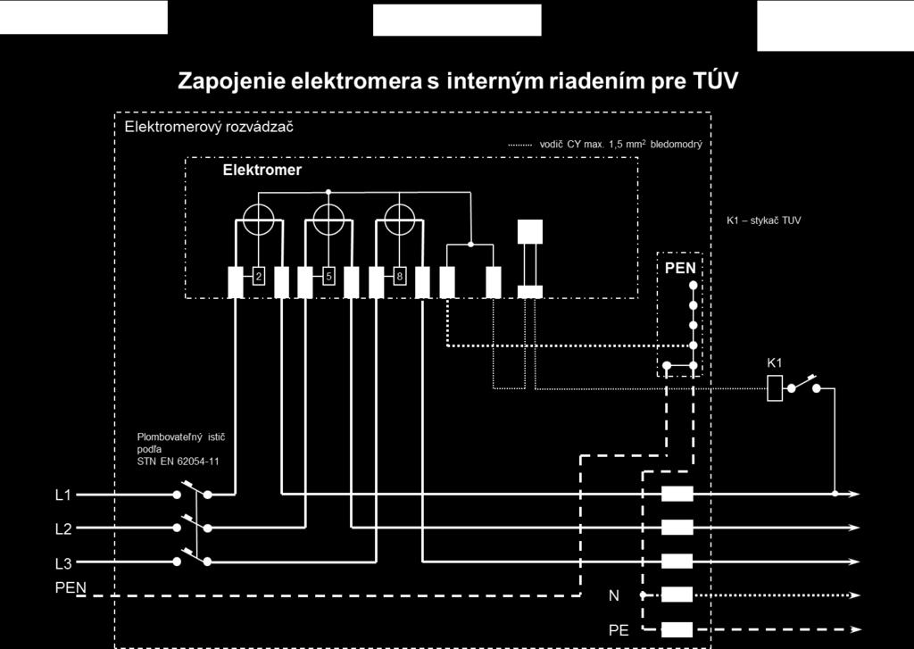 Zapojenie elektromera s interným riadením pre TÚV schéma č.