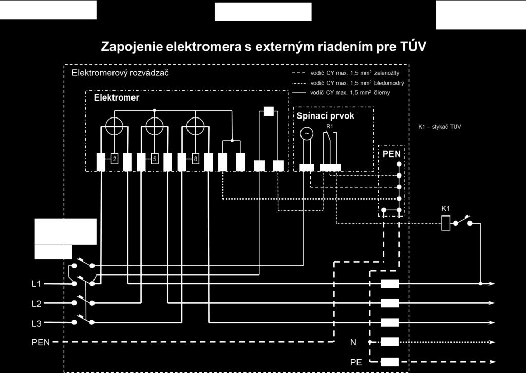 Zapojenie elektromera s externým riadením pre TÚV schéma č.