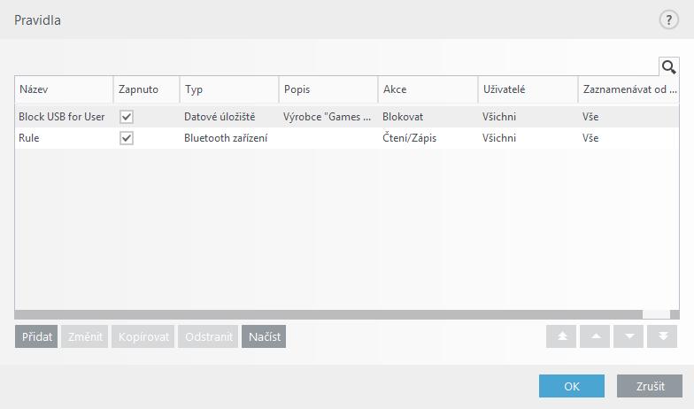 3.9.1.5.1 Pravidla správy zařízení Editor pravidel správy zařízení zobrazuje seznam všech existujících pravidel, které umožňují detailní kontrolu nad zařízeními připojovanými k počítači.