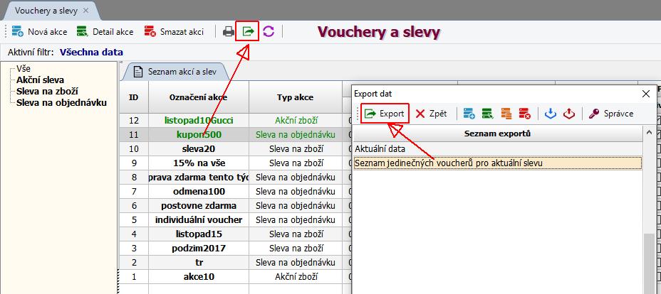 Export vygenerovaných voucherů Vygenerované vouchery lze také vyexportovat do souboru formátu csv (čitelný v Excelu), aby je bylo možno využít v dalším zpracování jako je např.