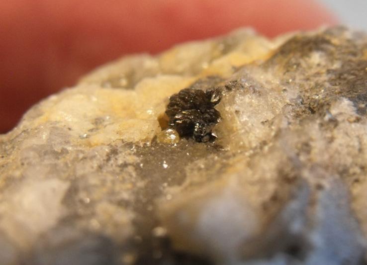 Dawsonite with siderite Mg on quartz, Slaný mine, Slaný, dawsonite of 12 mm. Photo by S. Fojtík. Obr. 18.