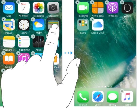 Přizpůsobení iphonu Uspořádání vašich aplikací Uspořádání aplikací: Dotkněte se kterékoli aplikace na ploše a držte na ní prst, dokud se ikony nezačnou třást. Přetažením aplikaci přesuňte.