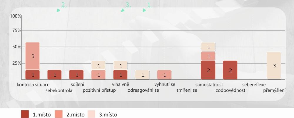 POPIS NEJPREFEROVANĚJŠÍCH STRATEGIÍ V TÝMU VINA VNĚ (70%) Využití strategie viny vně se projevuje tendencí hledat příčiny vzniku zátěžových situací typicky v ostatních lidech, nepříznivých