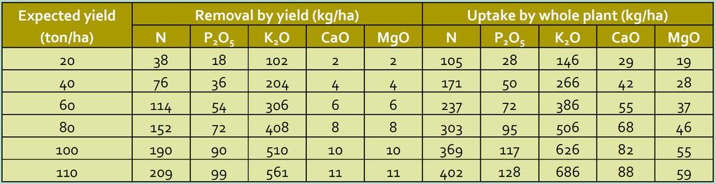 Odběr živin na 10 t hlíz: 40-50 kg N 9