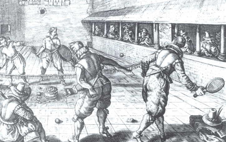 Obr. 1: Jeu de paume (zdroj:www.wikimedia.org) V nově zřízených míčovnách se také hrála podobná hra nazývaná courte paume (krátká dlaň).