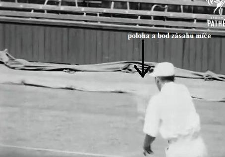 Zásah míče (obr. 16) je ve srovnání s dnešním forhendem více za tělem, a nutí tak hráče k pohybu vzad.