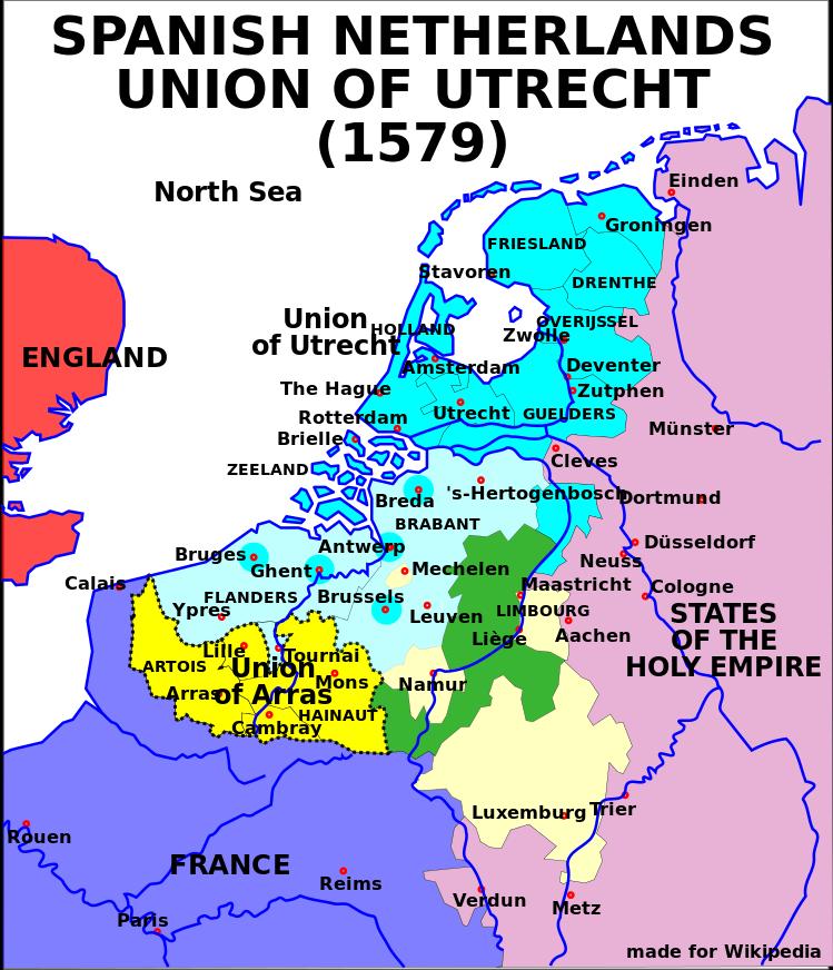Arraská unie: žlutá Utrechtská unie: modrá biskupství Liège: zelené