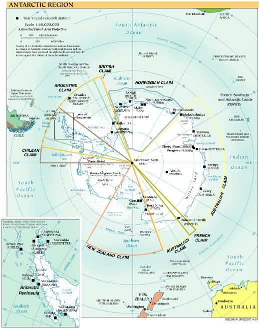 Antarktida Mezinárodní od roku 1961 úplná svoboda vědeckého výzkumu, omezení hospodářského využití a úplný zákaz vojenského využití