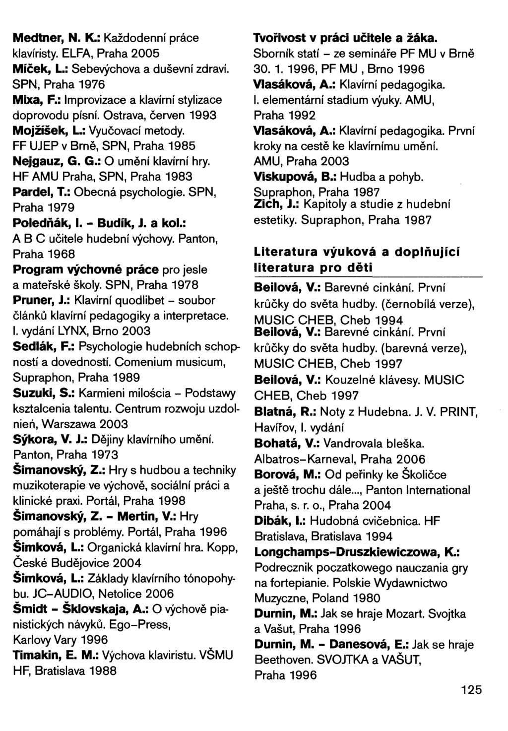 Medtner, N. K.: Každodenní práce klavíristy. ELFA, Praha 2005 Míček, L.: Sebevýchova a duševní zdraví. SPN, Praha 1976 Mixa, F.: Improvizace a klavírní stylizace doprovodu písní.