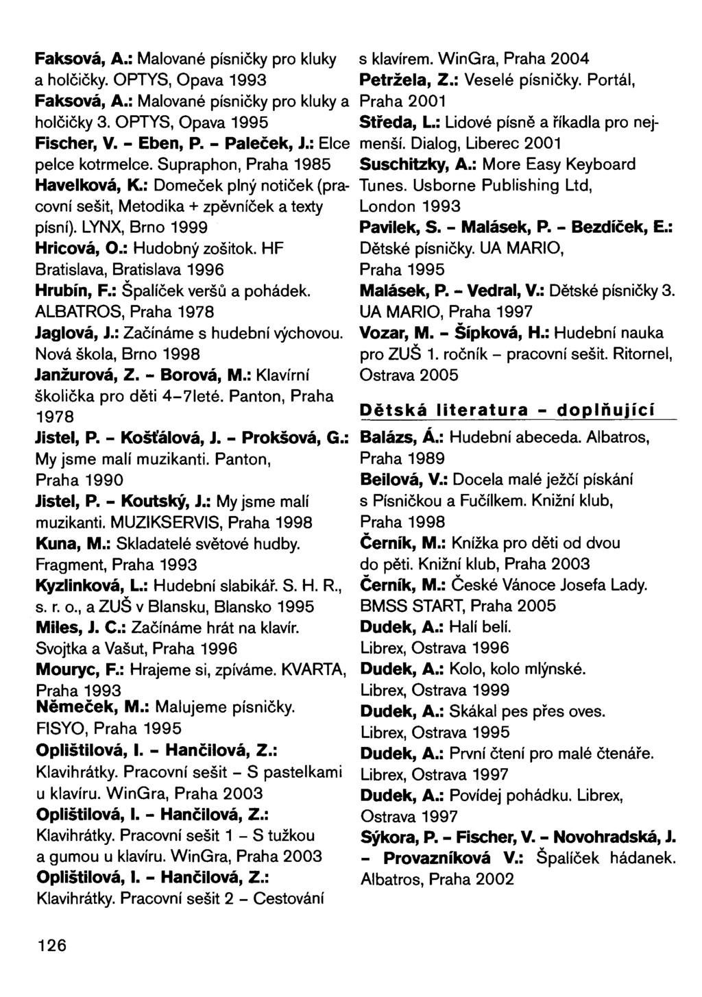 Faksová, A.: Malované písničky pro kluky s klavírem. WinGra, Praha 2004 a holčičky. OPTYS, Opava 1993 Petržela, Z.: Veselé písničky. Portál, Faksová, A.