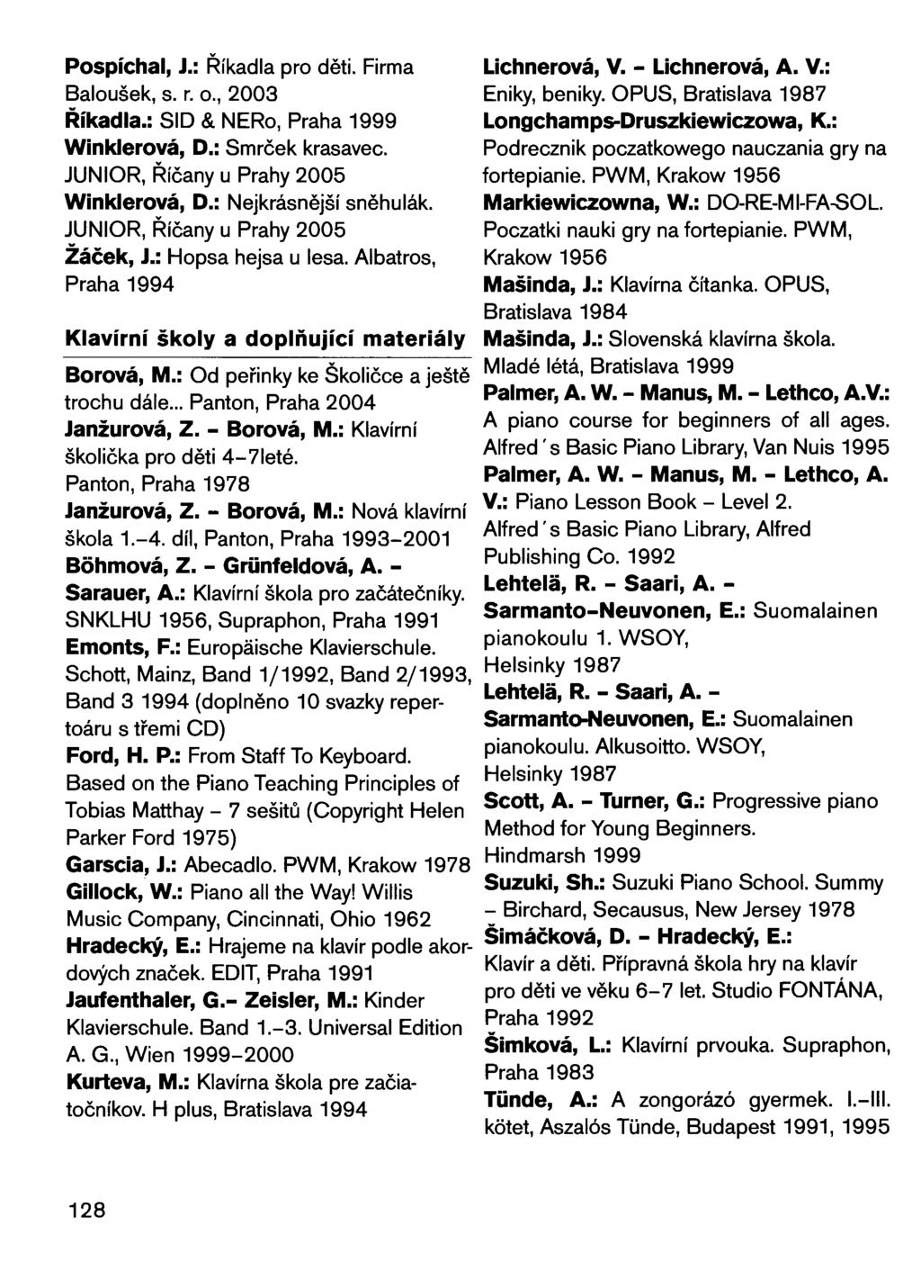 Pospíchal, J.: Říkadla pro děti. Firma Lichnerová, V. - Lichnerová, A. V.: Baloušek, s. r. o., 2003 Eniky, beniky. OPUS, Bratislava 1987 Říkadla.: SID & NERo, Praha 1999 Longchamps-Druszkiewiczowa, K.