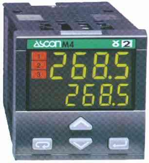 ASCON Série M4 (rozměry: š x v x h = 48 x 48 x 150mm) dvoupolohová, třípolohová PID regulace dva nezávislé alarmy zobrazení ve fyzikálních jednotkách (volba z 10 typů) manuální i automatické
