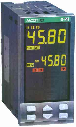 ASCON Série X3 (rozměry: š x v x h = 48 x 96 x 110mm) dvoupolohová, třípolohová PID regulace tři digitální vstupy dva nebo tři alarmy zobrazení ve fyzikálních jednotkách (volba z 10 typů) manuální i