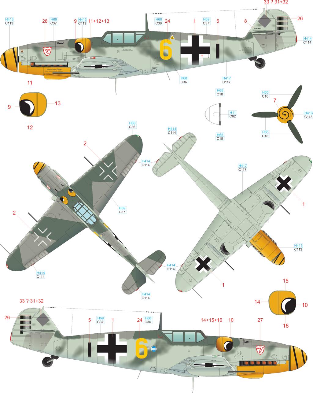109G-6/R6, W.Nr. 18807, Ofw. Alfred Surau, 9./JG 3, Bad Wörishofen, B Bf Německo, září 1943 Na tomto stroji létal Alfred Surau, eso s 45 (některé zdroje uvádí 46) vítězstvími.