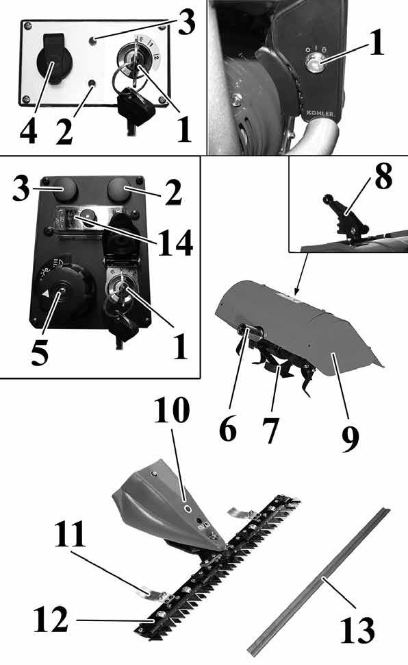 P COMPONENTES ACESSÓRIOS 1. Interruptor de arranque 7. Utensílios de trabalho 2. Luz piloto de recarga das baterias 3. Luz piloto da pressão do óleo 4. Tomada unipolar para farol de trabalho 5.