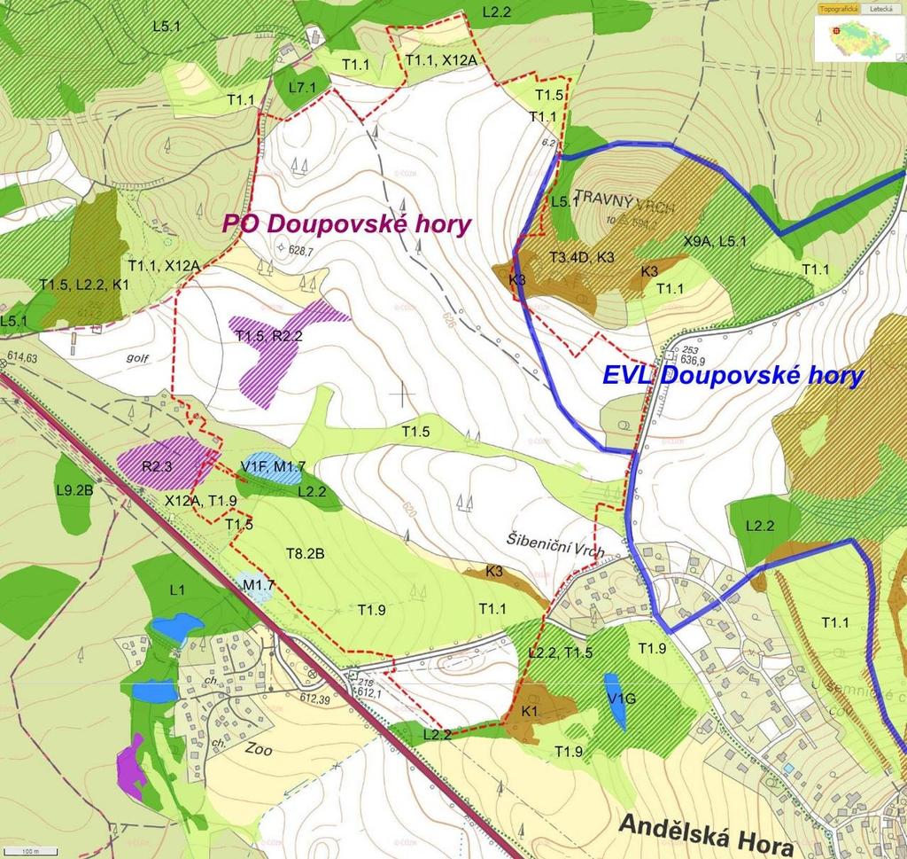 Obr. 1. Poloha řešeného území (červený obrys) ve vztahu k území PO Doupovské hory (fialově) a EVL Doupovské hory (modře).