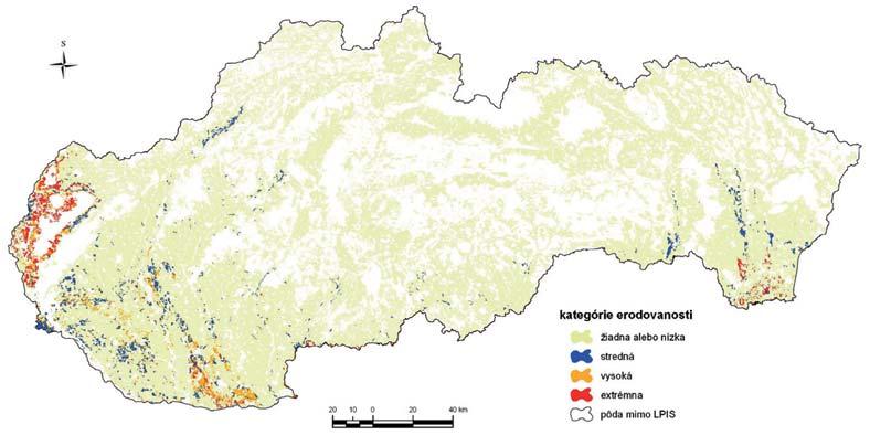 Vodnou eróziou (rôznej intenzity) je na Slovensku potenciálne ovplyvnených 957 173 ha poľnohospodárskych pôd. Mapa 9.