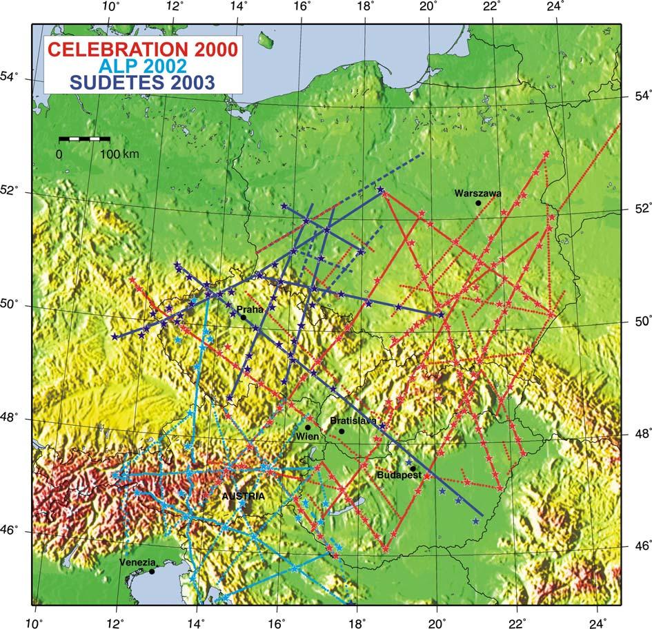 Obr. 1: Pozice seismických profilů a jednotlivých bodů odpalu v mezinárodních projektech. Profil CEL 09 prochází jižně od Prahy a má směr SZ-JV.