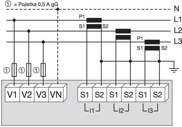 3 nebo 4 vodičové připojení se třemi proudovými transformátory 3