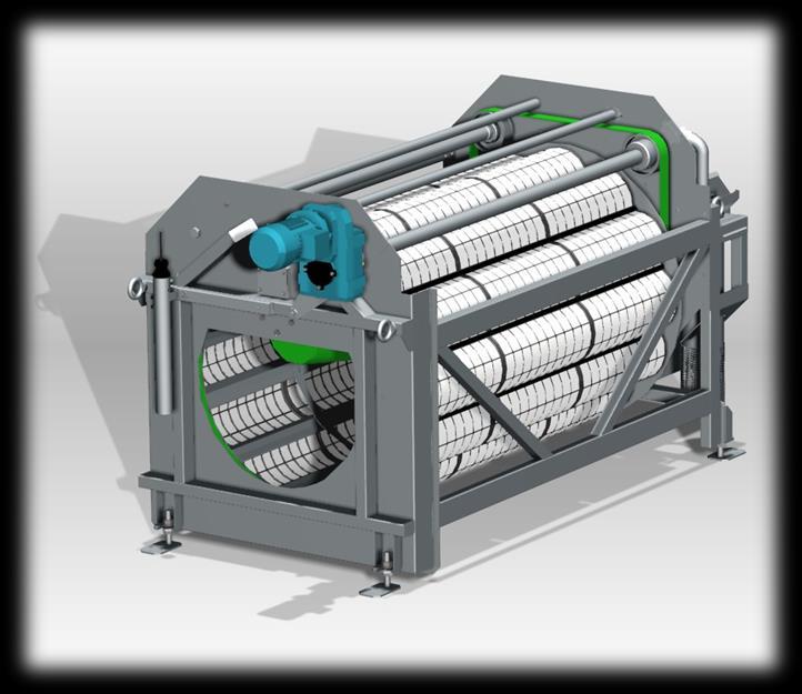 Oplachový systém Buben s filtračními obloučky Motor s převodovkou Nátoková sonda Hnaná hřídel Hnací hřídel Pás pohonu Rám filtru Kalový žlab Obr.