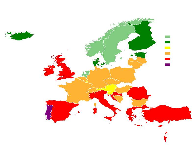 červená a fialová = hodně MRSA