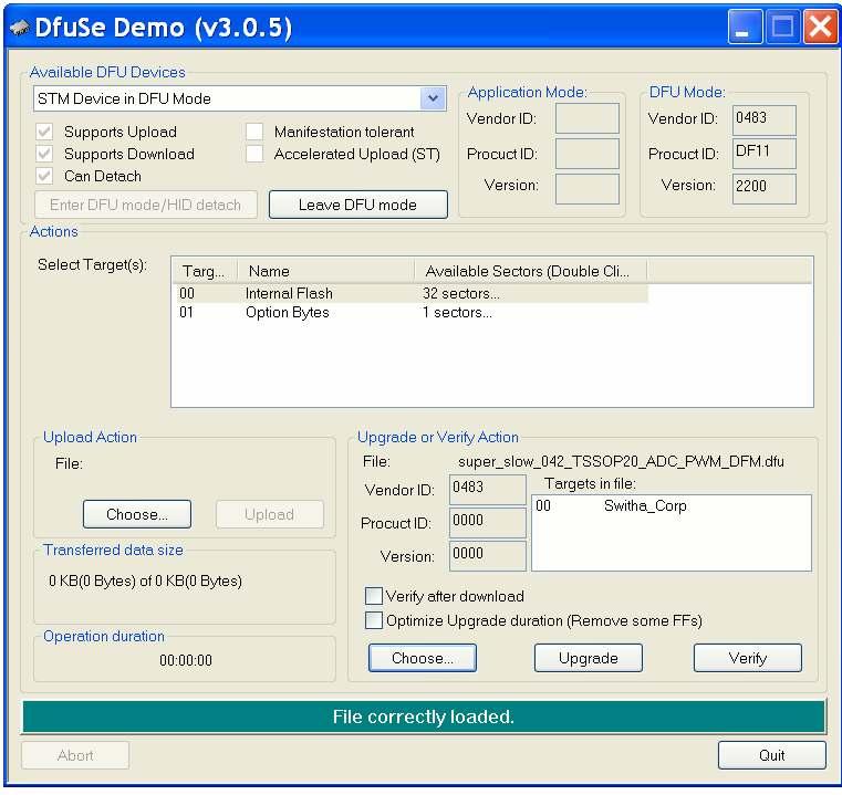 Nahrání firmware pomocí programu DfuSE Demo.