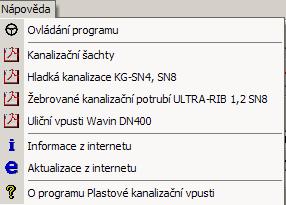 6.5 Menu Nápověda Obr. 18 menu Nápověda Položky menu "Nápověda" umožňují vyvolání nápovědy k programu nebo ke kanalizačním vpustm nebo vyvolání informace o aplikaci.