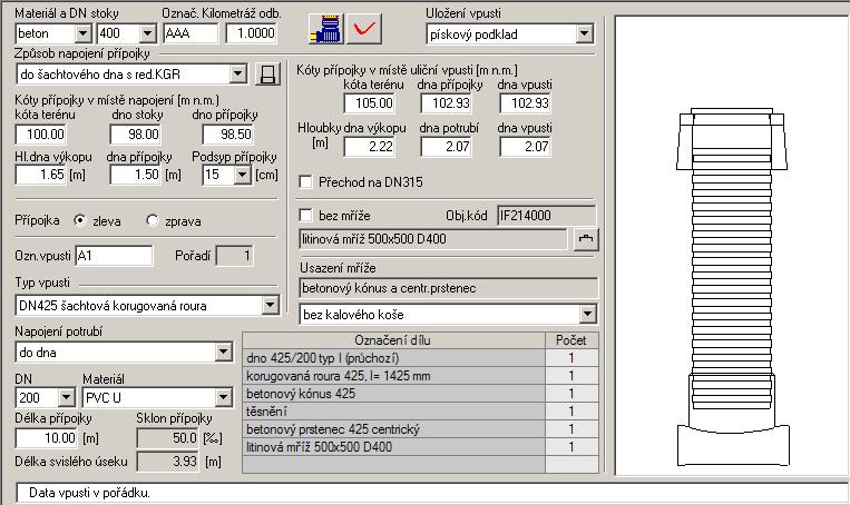 Obr. 24 dialog pro zadání údajů o vpusti V zadávacím dialogu uživatel vyplňuje údaje aktuální vpusti.