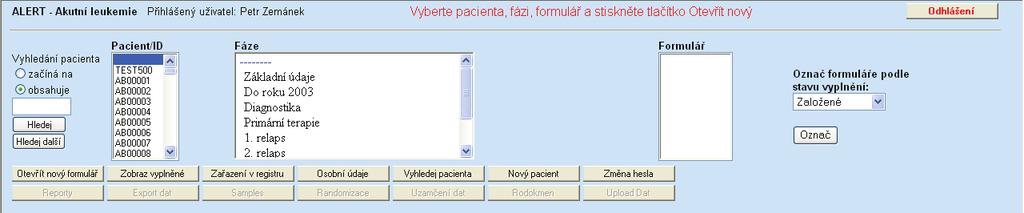 2. Založení karty nového pacienta Nového pacienta přidáme do databáze následujícím způsobem: kliknutí na tlačítko Nový pacient na úvodní straně (viz obr.