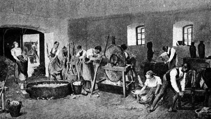 Obr. 4: Vyobrazení výroby cukru okolo roku 1812: Praní a krouhání řepy, lisování kaše 6 Po obnově dovážky třtinového cukru byly výrobny řepného cukru pomalu zavírány 1 a jako poslední byl zavřen
